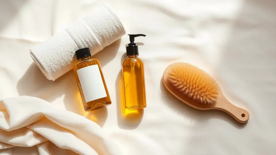 Body oil bottle, towel and dry brush flat lay